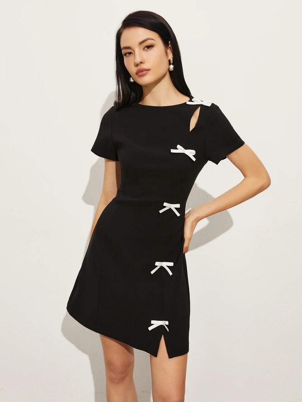Commense Black Mini Dress with White Bow Details, NWT, Never worn